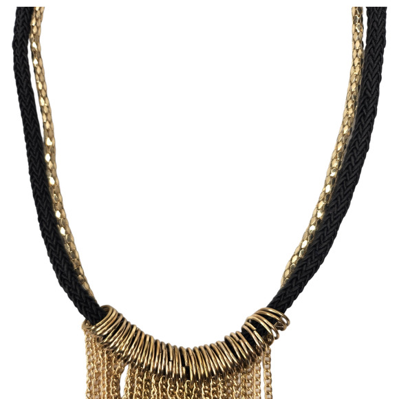 Black Rope Gold Chain Necklace Fringe Dressy Evening Boho Gypsy Punk - Picture 4 of 6